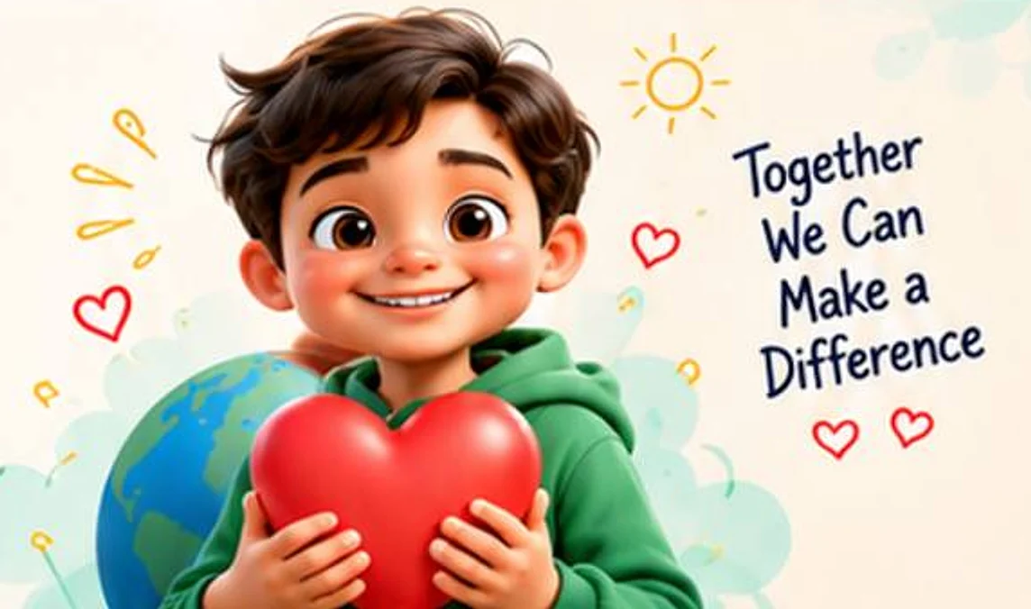 A smiling child hugging a big red heart in front of a globe